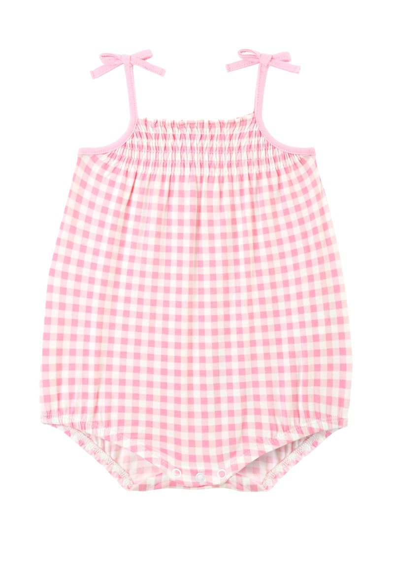 Front of the Pink Gingham Check Baby Romper by Gen Woo