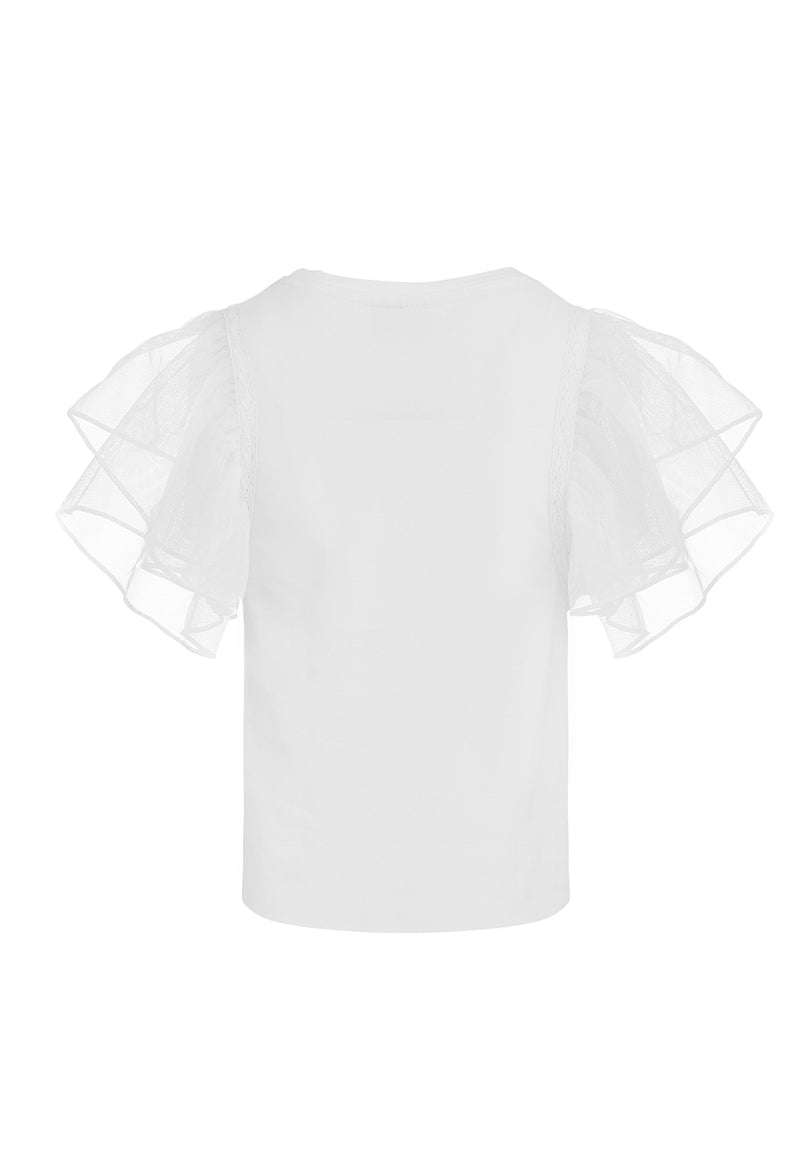 Back view of Girls White Tulle Sleeve T-Shirt by Gen Woo.