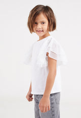 Side view of Girls White Tulle Sleeve T-Shirt by Gen Woo.