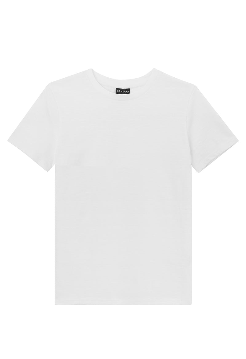 Boys T-shirt by Gen Woo. Our crew neck t-shirt has 1x1 rib neck binding with twin needle stitch finish at the hem. The white t-shirt has a standard body fit and length.– Front view
