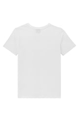 Boys T-shirt by Gen Woo. Our crew neck t-shirt has 1x1 rib neck binding with twin needle stitch finish at the hem. The white t-shirt has a standard body fit and length.– Back view