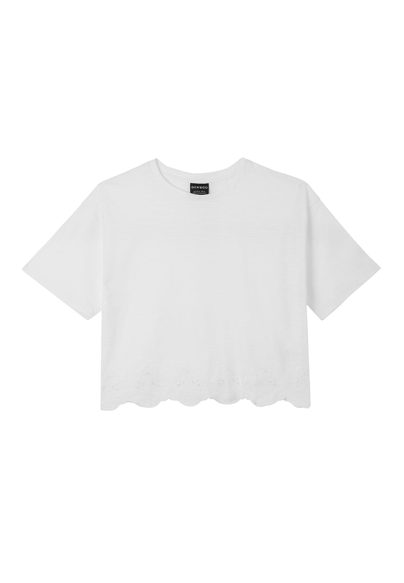 Front of the White Broderie Trim Girls T-Shirt by Gen Woo