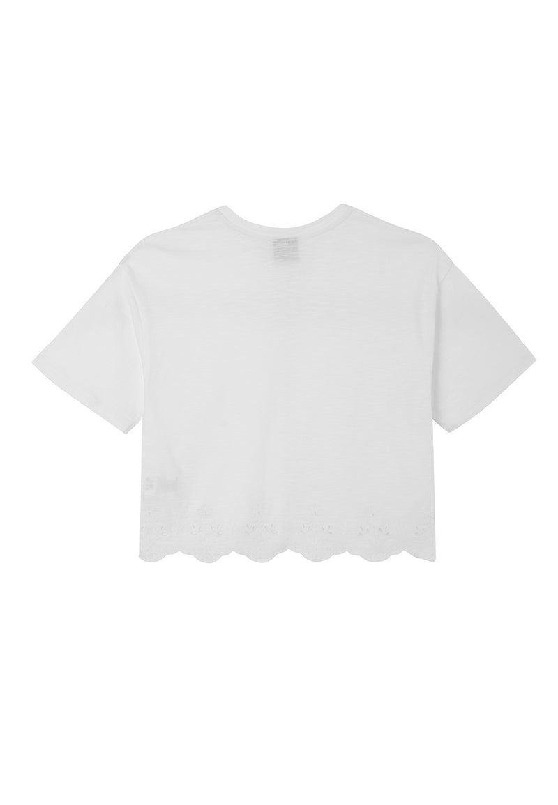 Back of the White Broderie Trim Girls T-Shirt by Gen Woo
