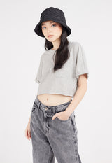 Model wears acid wash jeans and Ladies Grey Marl Boxy T-Shirt by Gen Woo,