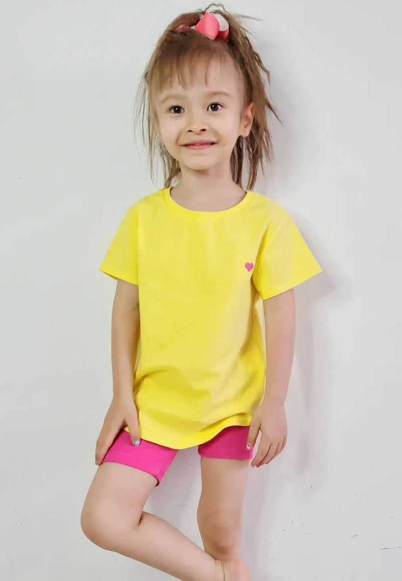 Model wears Sunshine Yellow And Pink Embroidered Girls T-Shirt by Gen Woo. 
